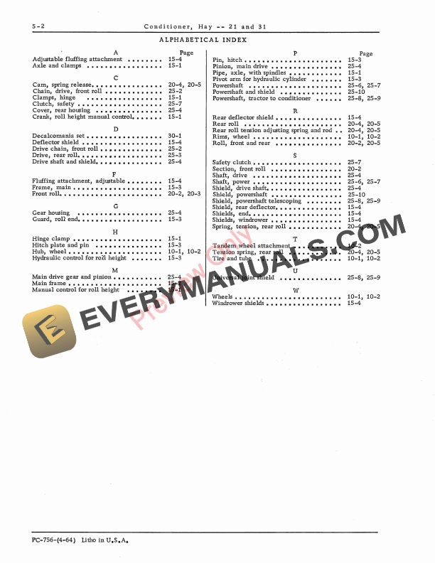 John Deere 21, 31 Hay Conditioners Parts Catalog PC756 01APR64-4