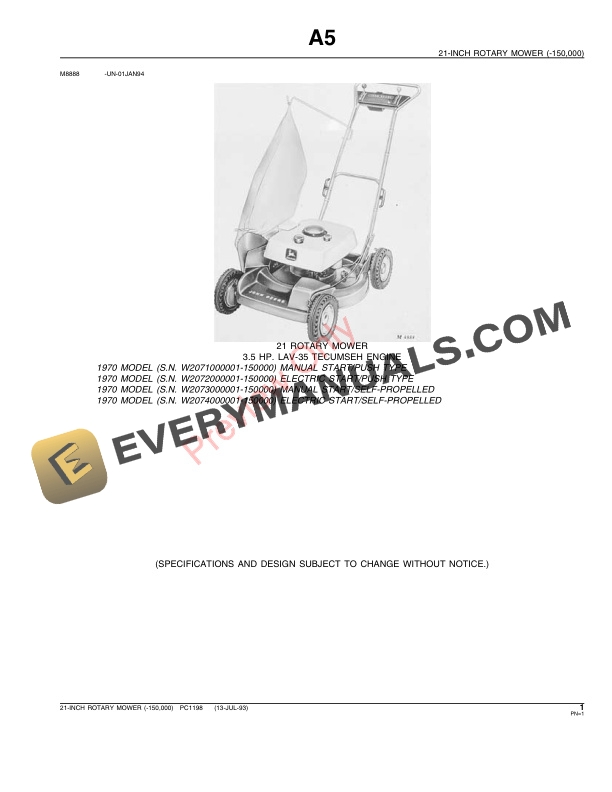 John Deere 21 Inch Walk Behind Mower 150000 Parts Catalog PC1198 13JUL93 3