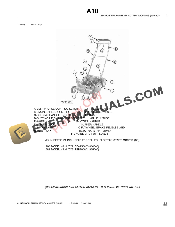 John Deere 21-Inch Walk-Behind Mowers (250001-360000) Parts Catalog PC1945 13JUL93 6 John Deere 21-Inch Walk-Behind Mowers (250001-360000) Parts Catalog PC1945 13JUL93-5
