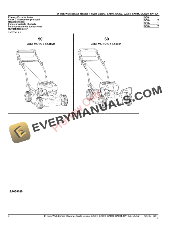 John Deere 21-Inch Walk-Behind Mowers 4-Cycle Engine, SA801, SA802, SA803, SA804, SA1020, SA1021 Parts Catalog PC4499 14OCT20-4