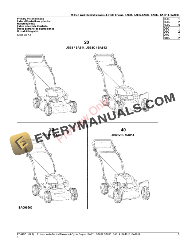 John Deere 21-Inch Walk-Behind Mowers 4-Cycle Engine, SA811, SA812, SA813, SA814, SA1013, SA1014 Parts Catalog PC4497 22JUL20-3