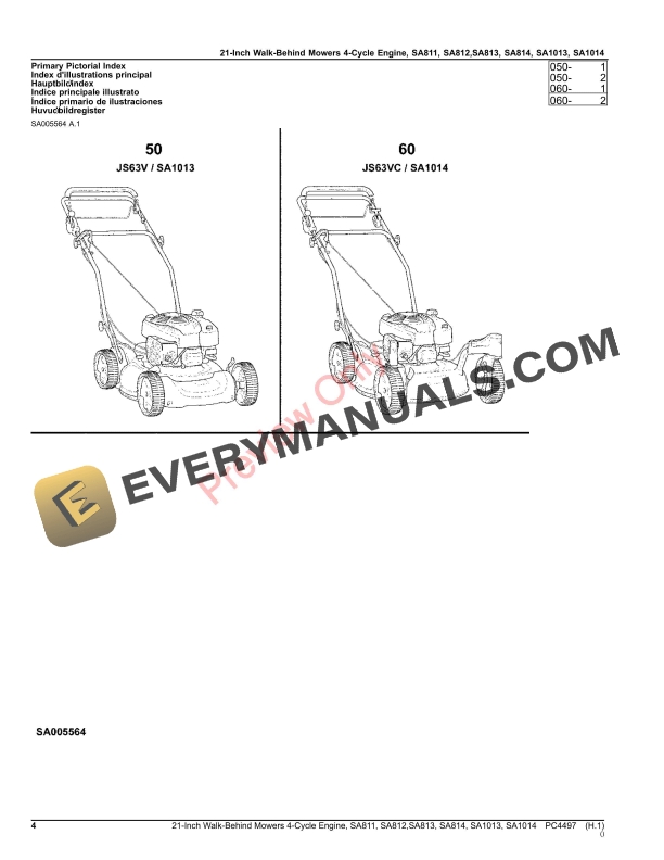 John Deere 21-Inch Walk-Behind Mowers 4-Cycle Engine, SA811, SA812, SA813, SA814, SA1013, SA1014 Parts Catalog PC4497 22JUL20-4