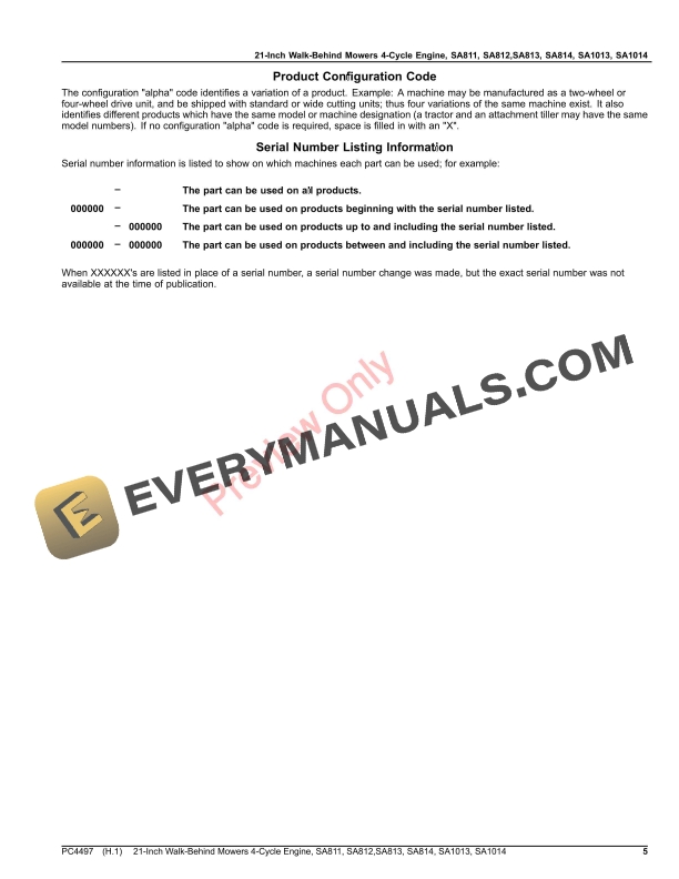 John Deere 21-Inch Walk-Behind Mowers 4-Cycle Engine, SA811, SA812, SA813, SA814, SA1013, SA1014 Parts Catalog PC4497 22JUL20-5