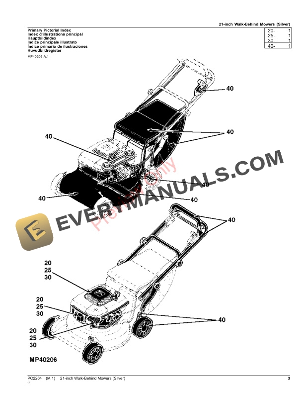 John Deere 21-inch Walk-Behind Mowers (Silver) 12PB, 12SB, 12PC, 14PB, 14SB, 14SE, 14PZ, 14SZ, 14SC, 14SX (S Parts Catalog PC2264 30DEC21-3