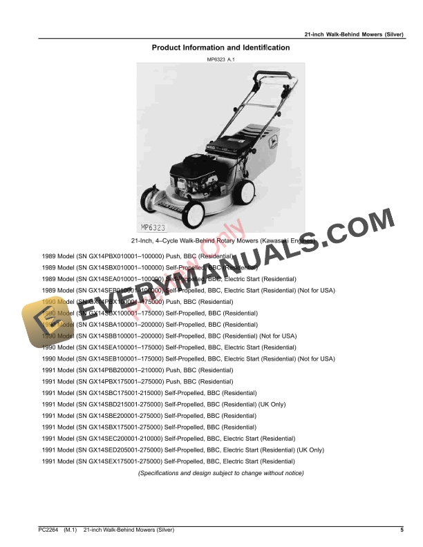 John Deere 21-inch Walk-Behind Mowers (Silver) 12PB, 12SB, 12PC, 14PB, 14SB, 14SE, 14PZ, 14SZ, 14SC, 14SX (S Parts Catalog PC2264 30DEC21-5