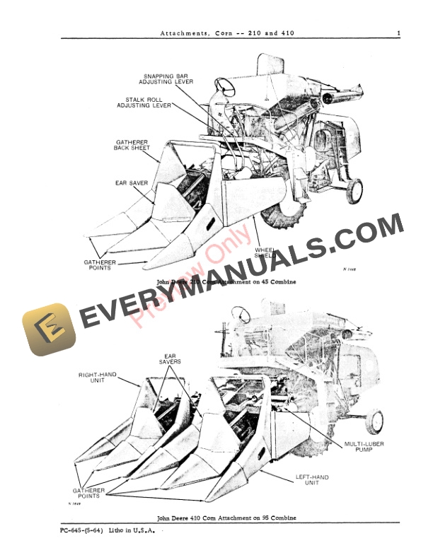 John Deere 210, 410 Corn Attachments Parts Catalog PC645 01MAY64-3