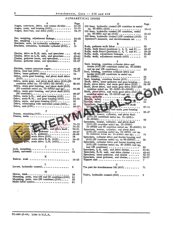 John Deere 210, 410 Corn Attachments Parts Catalog PC645 01MAY64-4