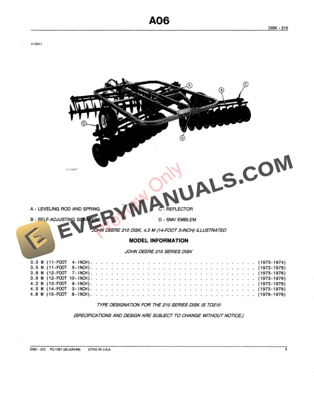 John Deere 210 Disk Parts Catalog PC1391 20JUN89-3