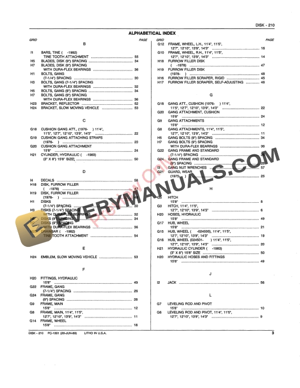 John Deere 210 Disk Parts Catalog PC1391 20JUN89-5