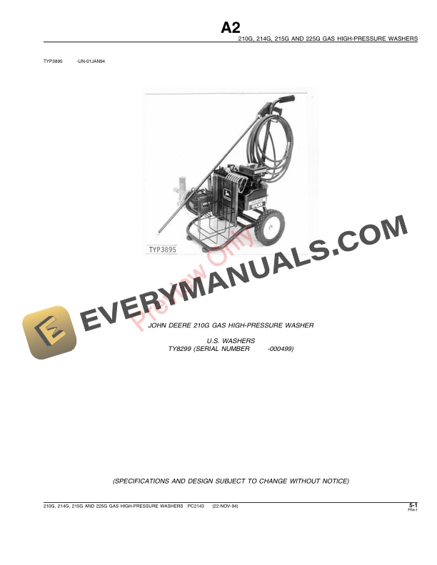 John Deere 210G, 214G, 215G, 225G Gas High-Pressure Washers Parts Catalog PC2143 22NOV94-3
