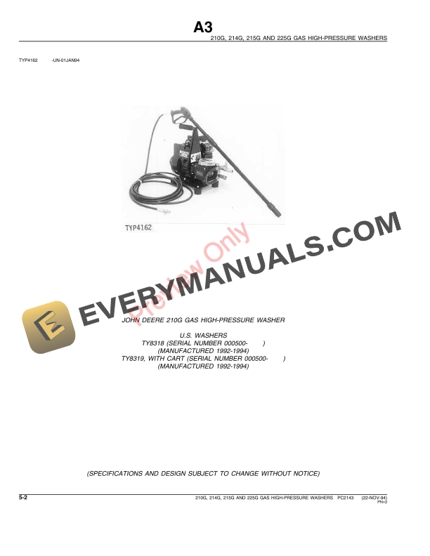 John Deere 210G, 214G, 215G, 225G Gas High-Pressure Washers Parts Catalog PC2143 22NOV94-4