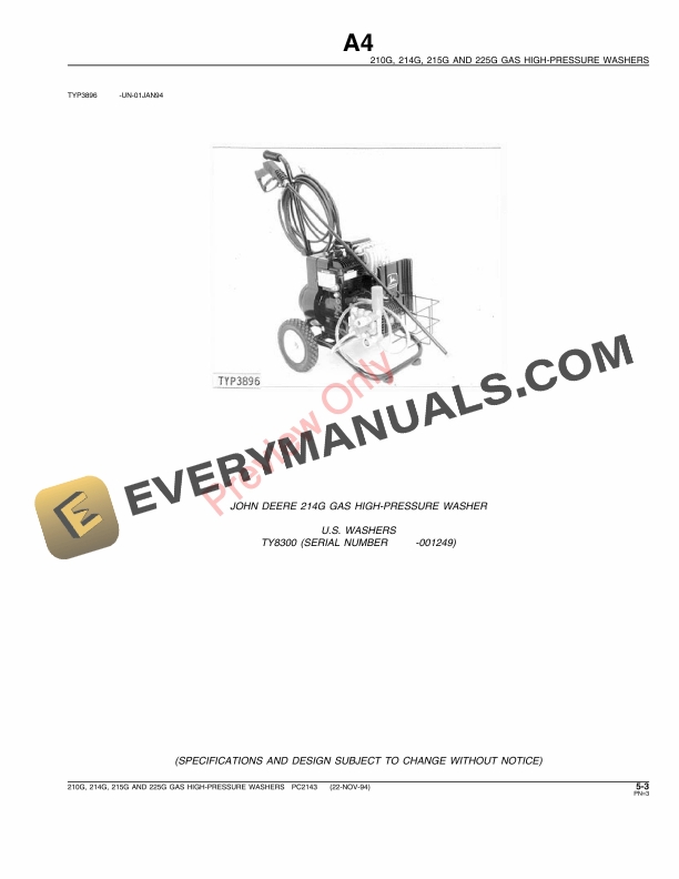 John Deere 210G, 214G, 215G, 225G Gas High-Pressure Washers Parts Catalog PC2143 22NOV94-5