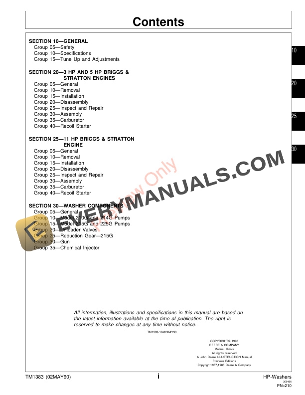 John Deere 210G 215G and 225G HIGH PRESSURE WASHER Technical Manual TM1383 02MAY90 3