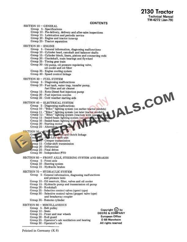 John Deere 2130 Tractor Technical Manual TM4272 01JAN79 3