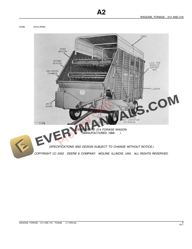 John Deere 214 and 216 Forage Wagons Parts Catalog PC999 11FEB02-3