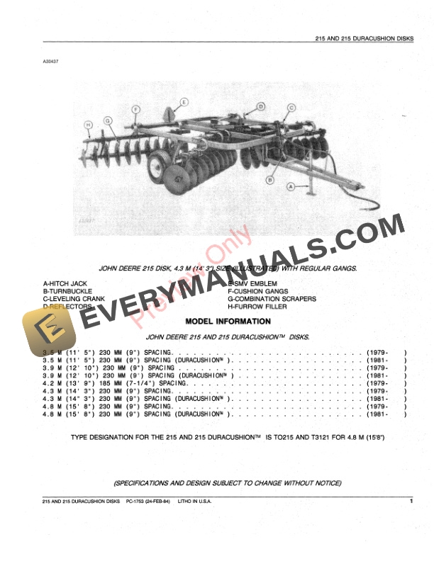 John Deere 215, 215 DuraCushion Disks Parts Catalog PC1753 24FEB84-3
