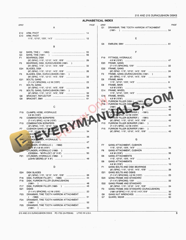 John Deere 215, 215 DuraCushion Disks Parts Catalog PC1753 24FEB84-5