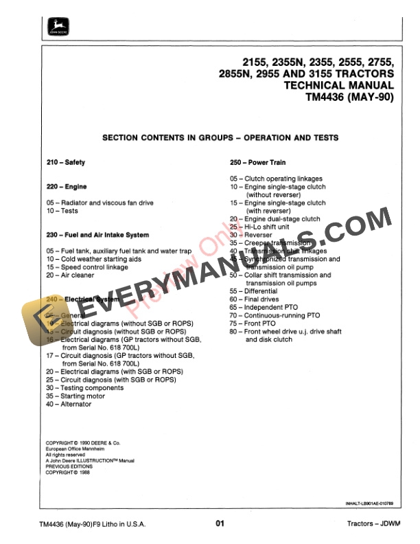 John Deere 2155 2355N 2555 2755 2855N 2955 3155 Tractors Technical Manual TM4436 01MAY90 3