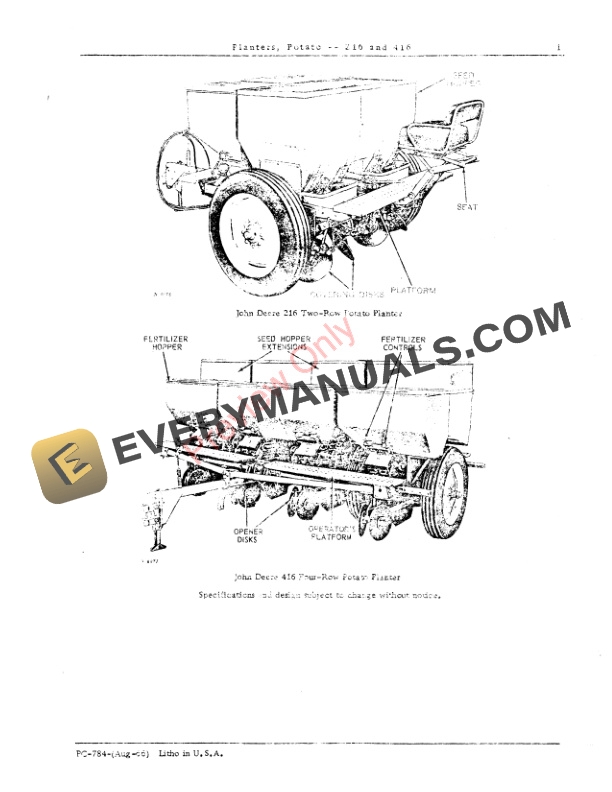 John Deere 216, 416 Potato Planters Parts Catalog PC784 01AUG66 4 John Deere 216, 416 Potato Planters Parts Catalog PC784 01AUG66-3