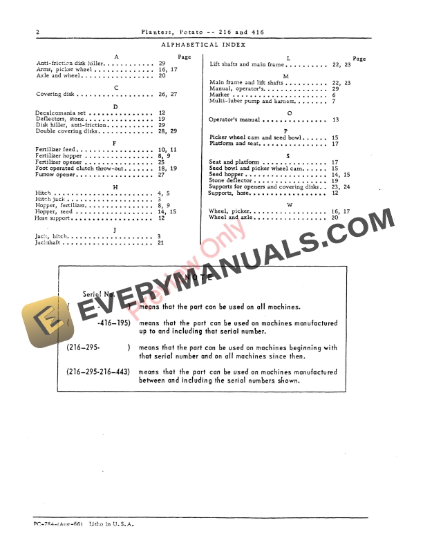 John Deere 216, 416 Potato Planters Parts Catalog PC784 01AUG66 5 John Deere 216, 416 Potato Planters Parts Catalog PC784 01AUG66-4