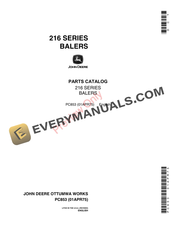 John Deere 216T and 216WS Balers Parts Catalog PC853 01APR75-1