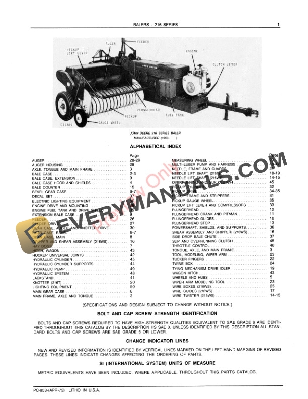 John Deere 216T and 216WS Balers Parts Catalog PC853 01APR75-3