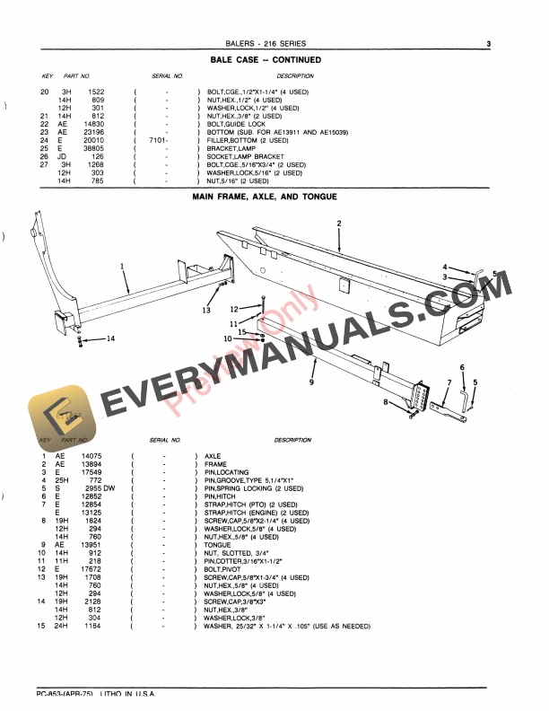 John Deere 216T and 216WS Balers Parts Catalog PC853 01APR75-5