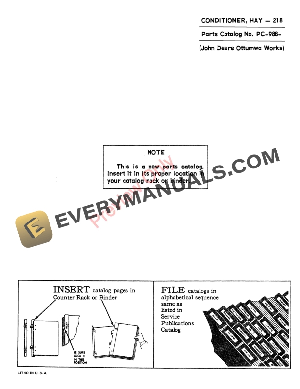 John Deere 218 Hay Conditioner Parts Catalog PC988 01MAY65-1