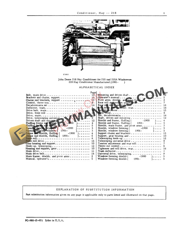 John Deere 218 Hay Conditioner Parts Catalog PC988 01MAY65-3