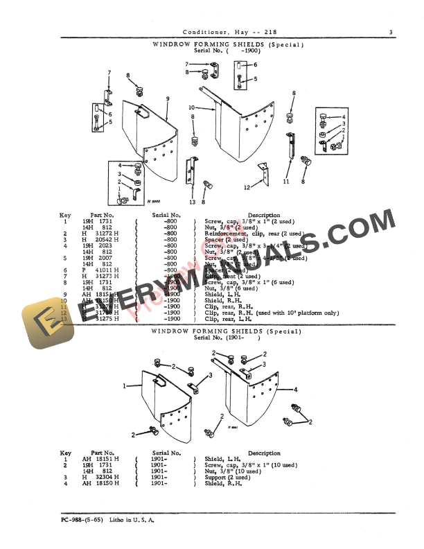 John Deere 218 Hay Conditioner Parts Catalog PC988 01MAY65-5