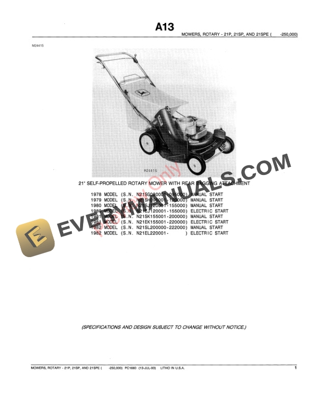 John Deere 21P, 21SP and 21SPE Walk-Behind Mowers (-250000) Parts Catalog PC1660 13JUL93 4 John Deere 21P, 21SP and 21SPE Walk-Behind Mowers (-250000) Parts Catalog PC1660 13JUL93-3