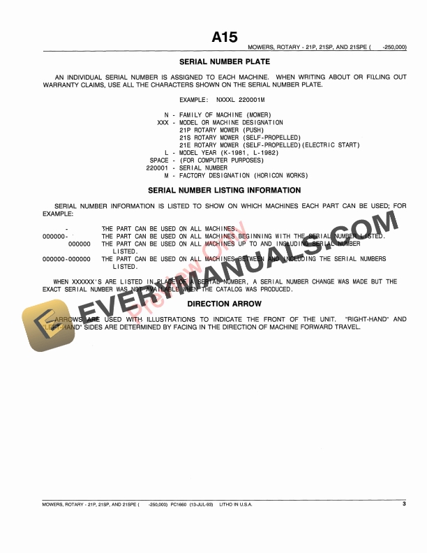 John Deere 21P, 21SP and 21SPE Walk-Behind Mowers (-250000) Parts Catalog PC1660 13JUL93 6 John Deere 21P, 21SP and 21SPE Walk-Behind Mowers (-250000) Parts Catalog PC1660 13JUL93-5