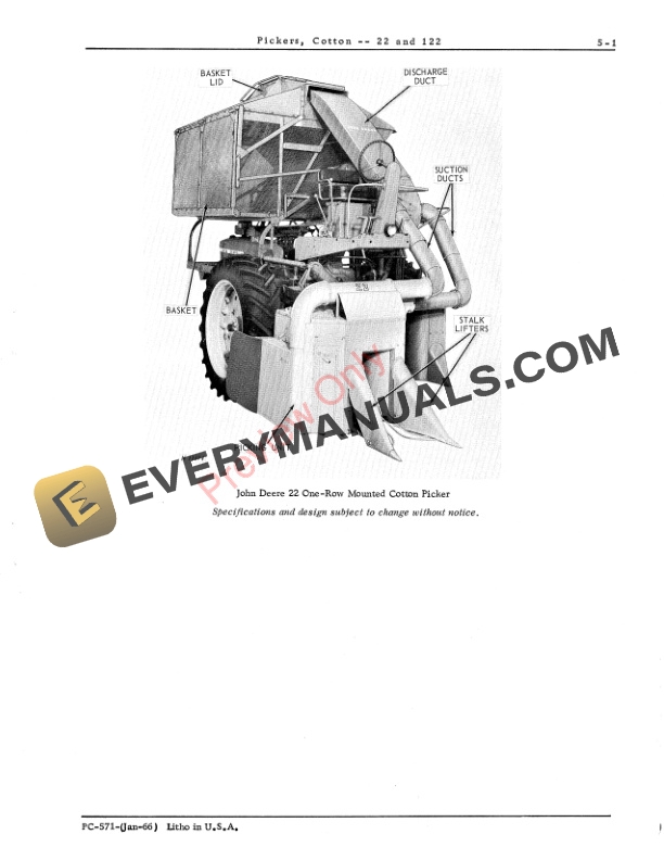 John Deere 22, 122 Cotton Pickers Parts Catalog PC571 01SEP67-3