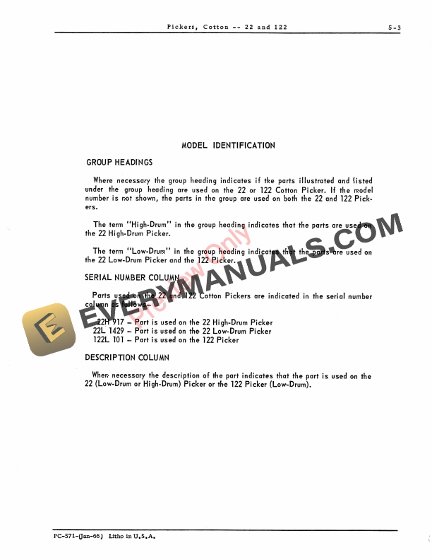 John Deere 22, 122 Cotton Pickers Parts Catalog PC571 01SEP67-5