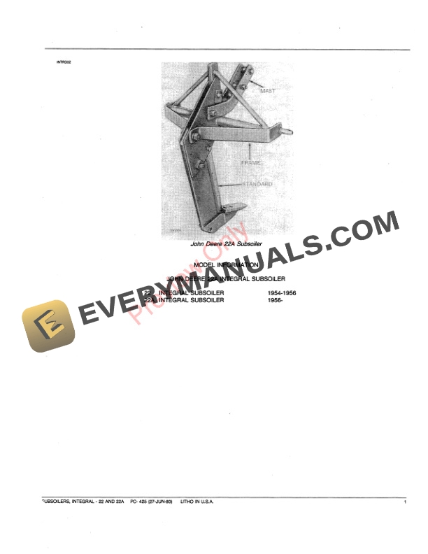 John Deere 22, 22A Integral Subsoiler Plow Parts Catalog PC425 27JUN80-3