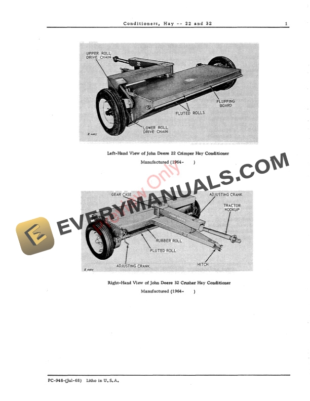 John Deere 22, 32 Hay Conditioners Parts Catalog PC948 01JUL68-3