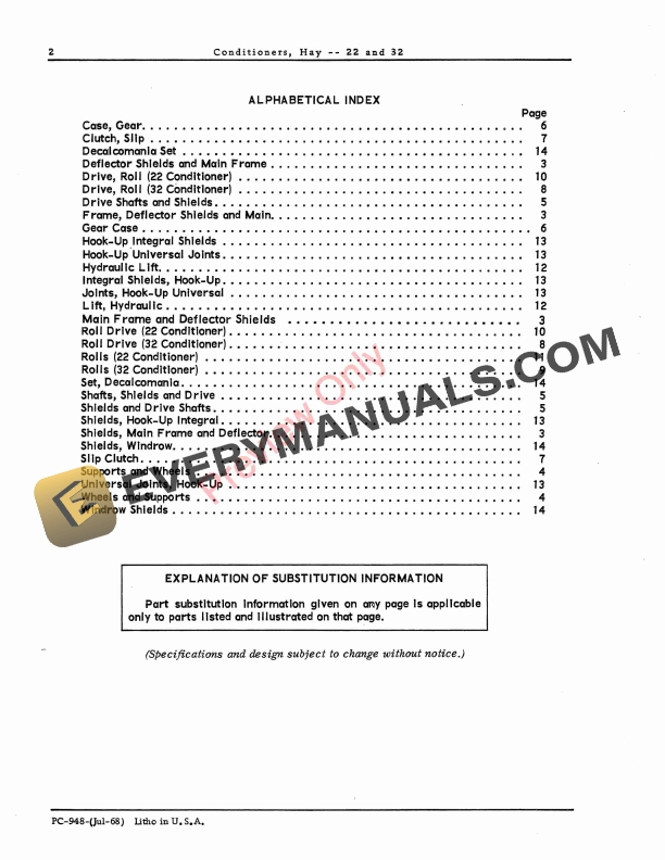 John Deere 22, 32 Hay Conditioners Parts Catalog PC948 01JUL68-4