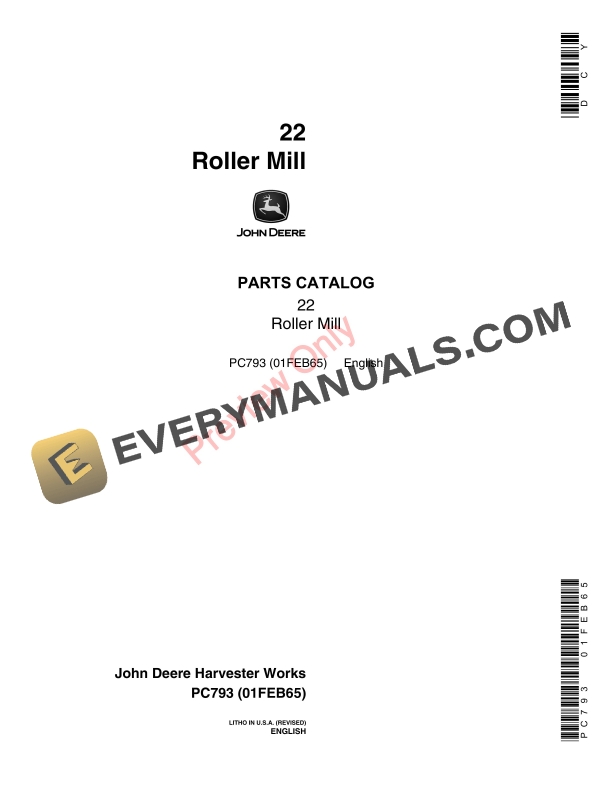 John Deere 22 Roller Mill Parts Catalog PC793 01FEB65-1