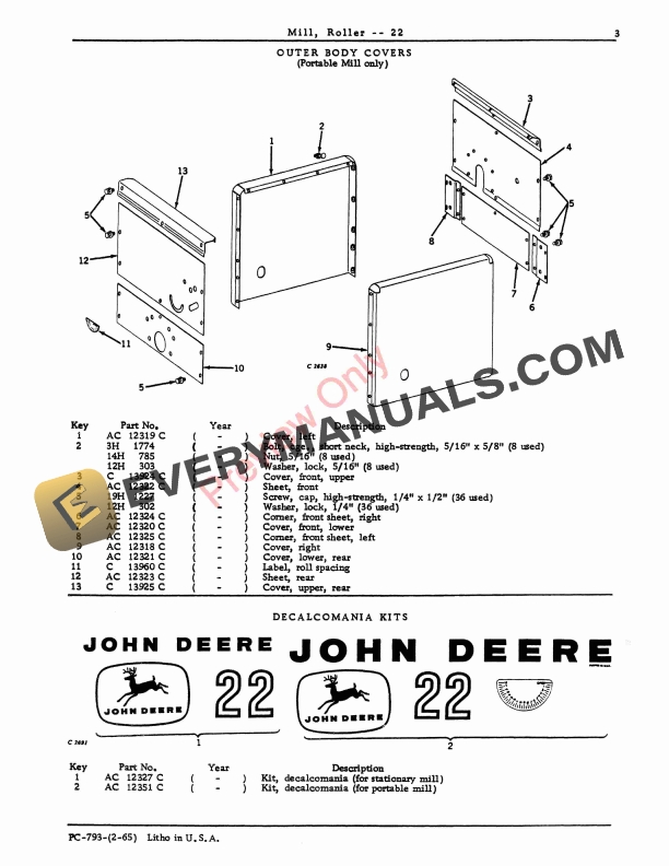 John Deere 22 Roller Mill Parts Catalog PC793 01FEB65 6 John Deere 22 Roller Mill Parts Catalog PC793 01FEB65-5