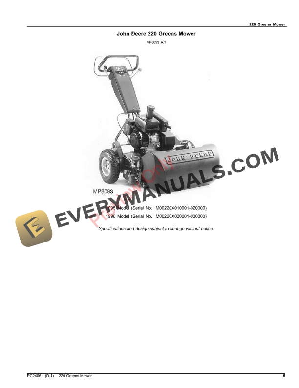 John Deere 220 GREENS MOWER Parts Catalog PC2406 18JUL23-5