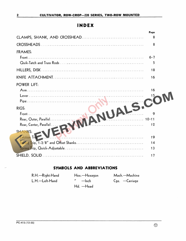 John Deere 220 Series Row-Crop Cultivator Parts Catalog PC415 01DEC55-4
