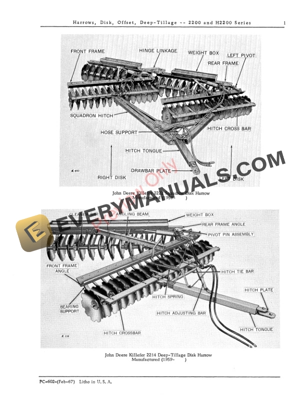 John Deere 2200 and H2200 Series Offset Disk Harrows Parts Catalog PC602 01FEB67-3