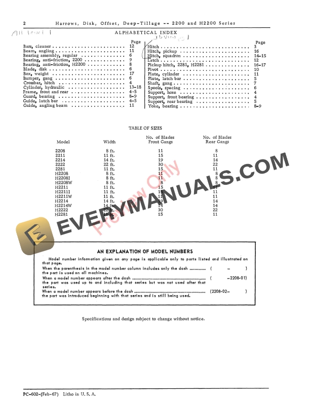 John Deere 2200 and H2200 Series Offset Disk Harrows Parts Catalog PC602 01FEB67-4
