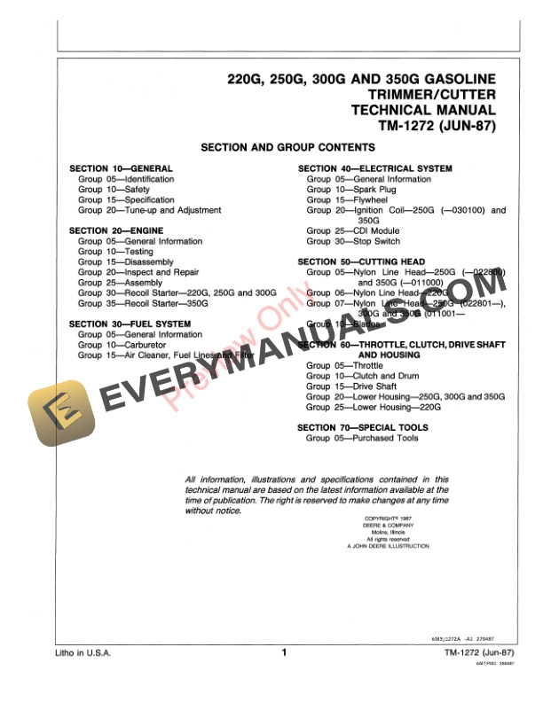 John Deere 220G 250G 300G and 350G Gasoline TrimmerCutters Technical Manual TM1272 01JUN87 3