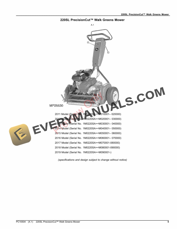 John Deere 220SL PrecisionCut Walk Greens Mower Parts Catalog PC10504 12NOV23 5