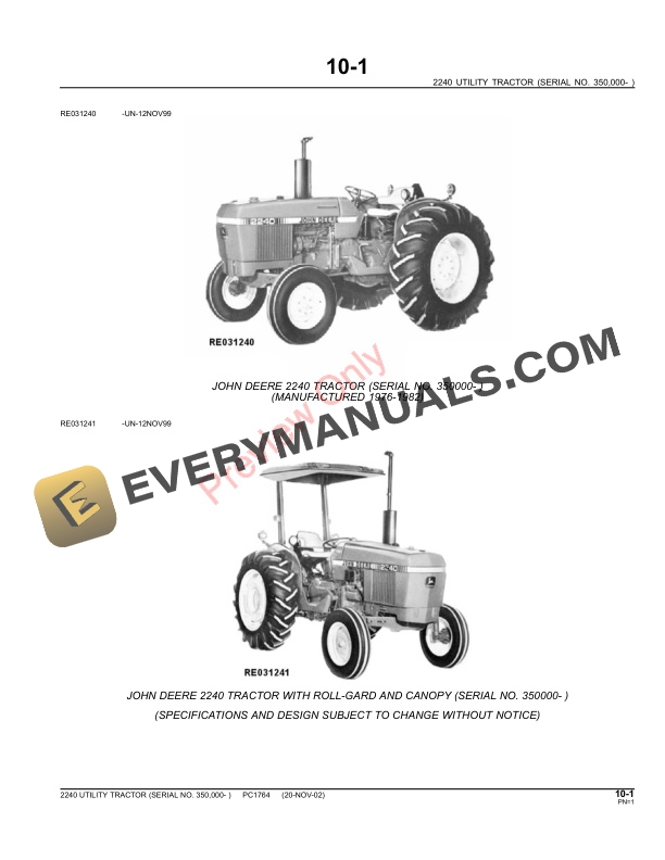 John Deere 2240 Tractor Parts Catalog PC1764 11MAY11-3