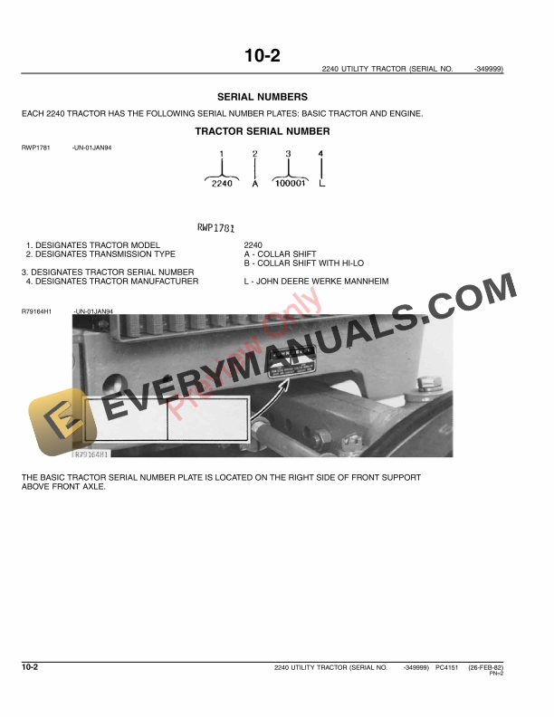 John Deere 2240 Tractor (S.N. -34, 9999) Parts Catalog PC4151 11MAY11-4