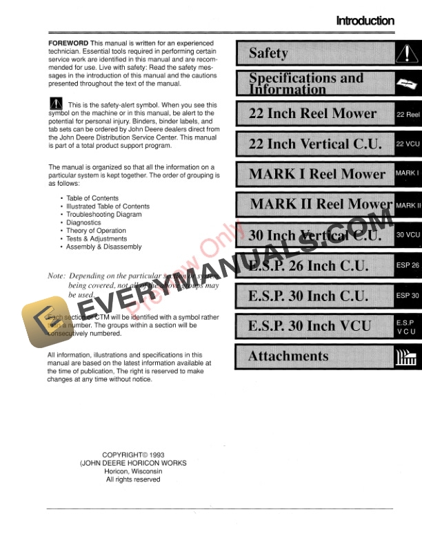 John Deere 2243, 303, 305, 3325, 2653 Reel Mower Cutting Units Technical Manual TM1528 01MAY93 4 John Deere 2243 303 305 3325 2653 Reel Mower Cutting Units Technical Manual TM1528 01MAY93 3