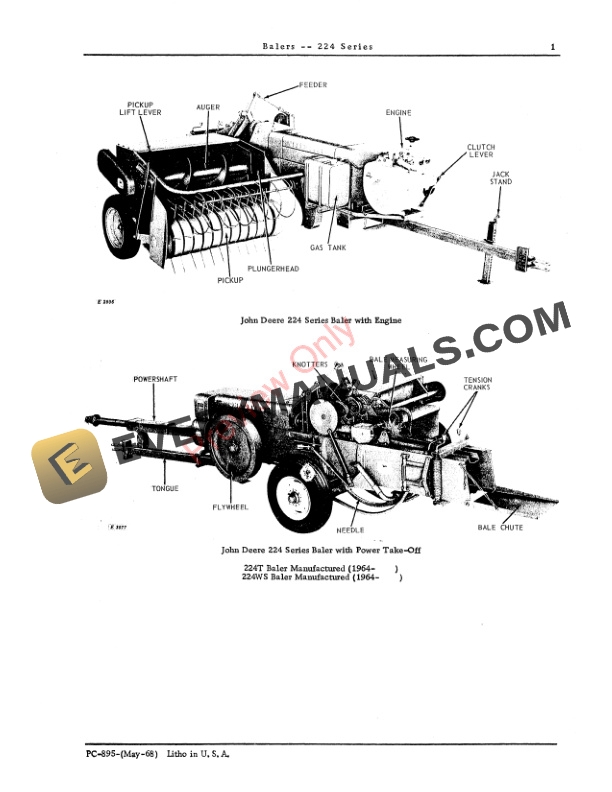 John Deere (224T PTO) and (224WS Engine) Balers Parts Catalog PC895 01MAY68-3