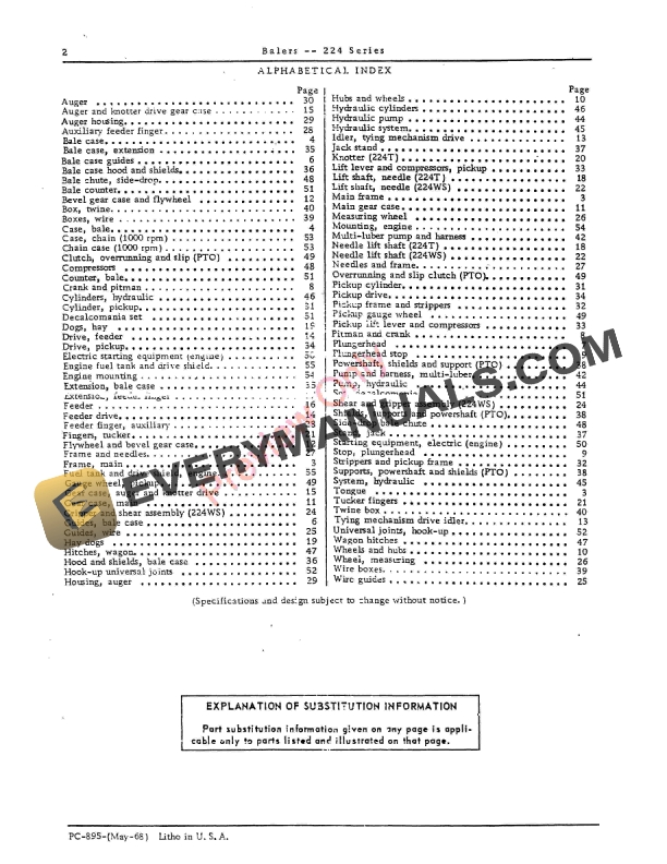 John Deere (224T PTO) and (224WS Engine) Balers Parts Catalog PC895 01MAY68-4